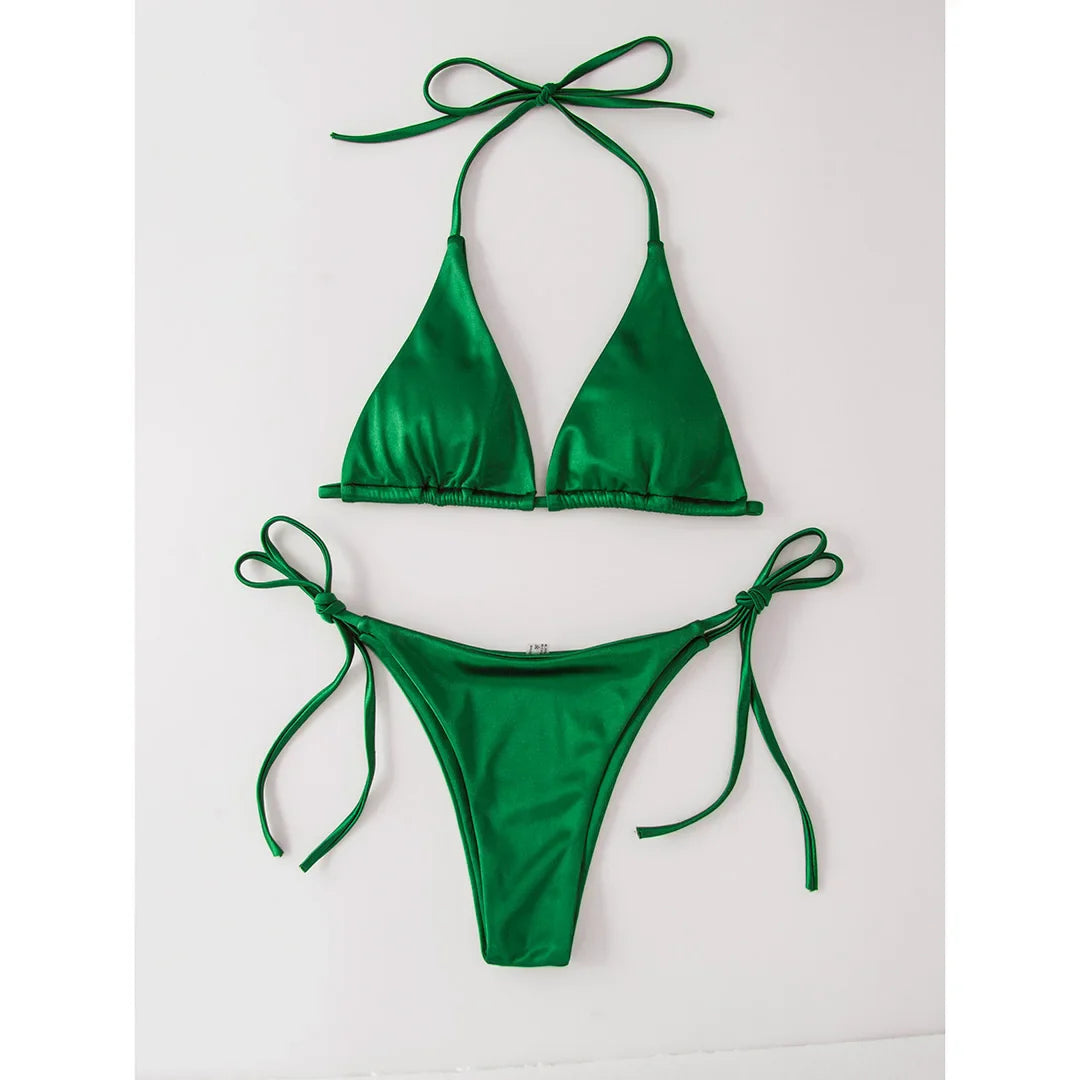 Satin Halter Brazilian Bikini Set Dark Green