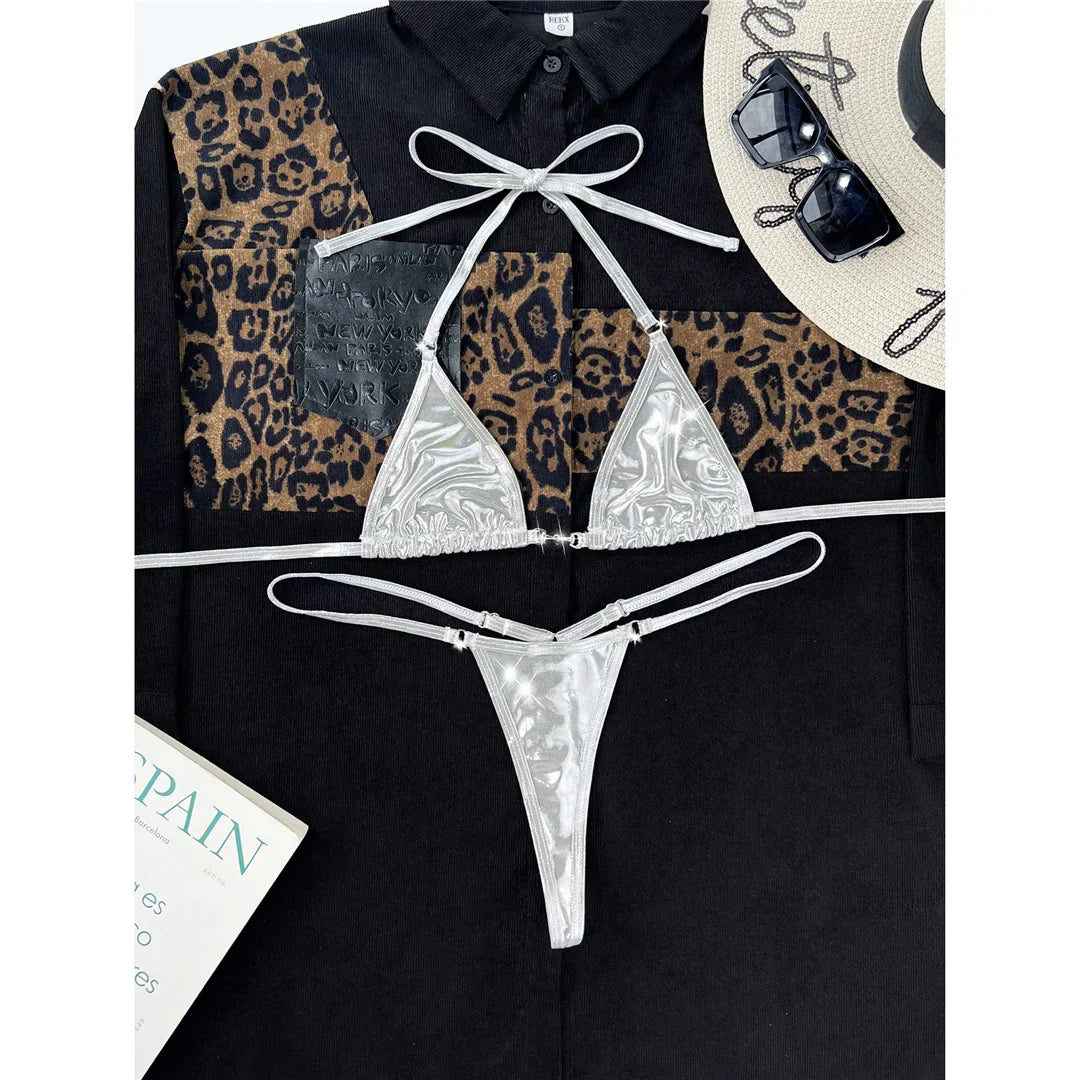Faux Leather Mini Thong Bikini