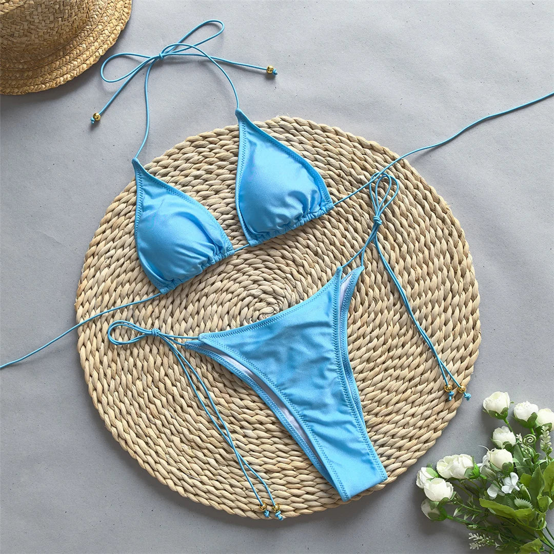 Halter Scrunch Butt Bikini Set Sky Blue Bikini