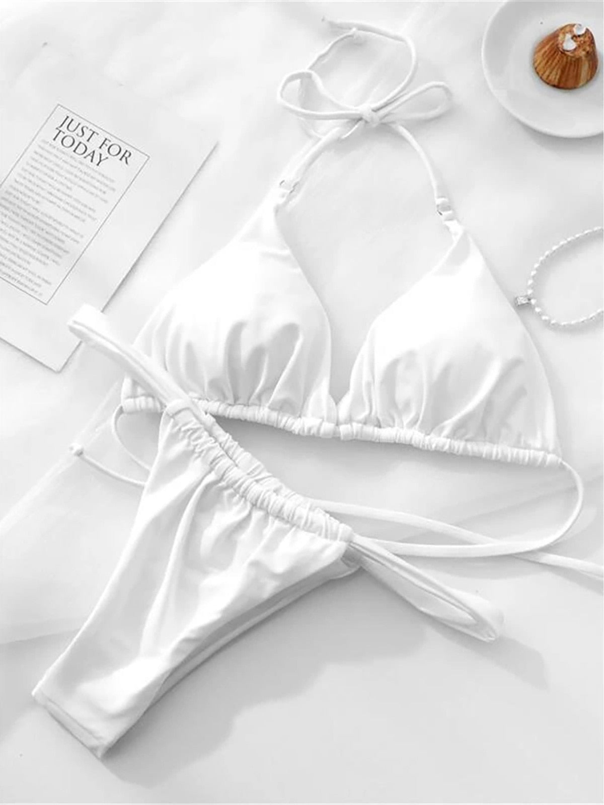 Wrinkled High Cut Thong Bikini White