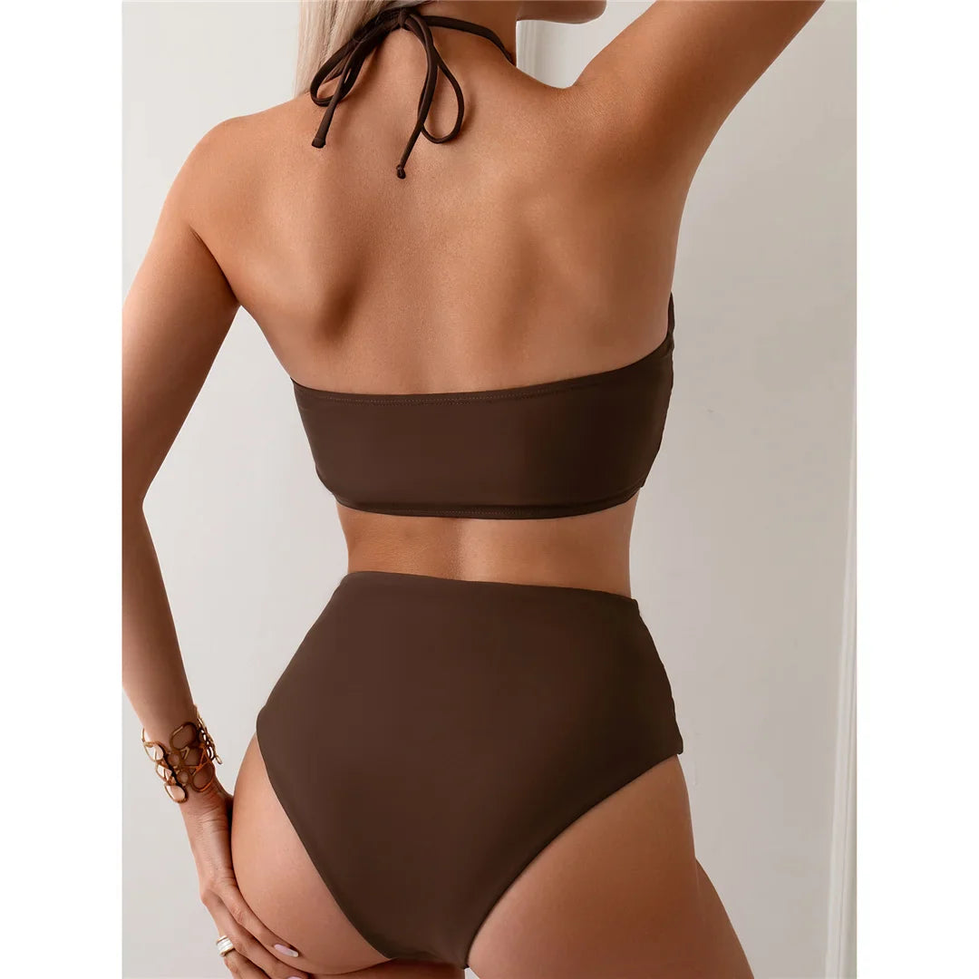 Wrinkled High Neck Halter Bikini Set