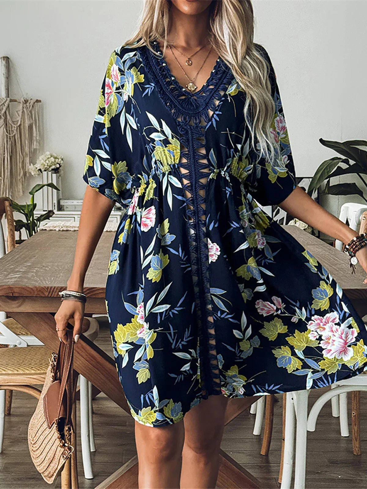Floral Crochet Half Sleeve Tunic Printing One Size