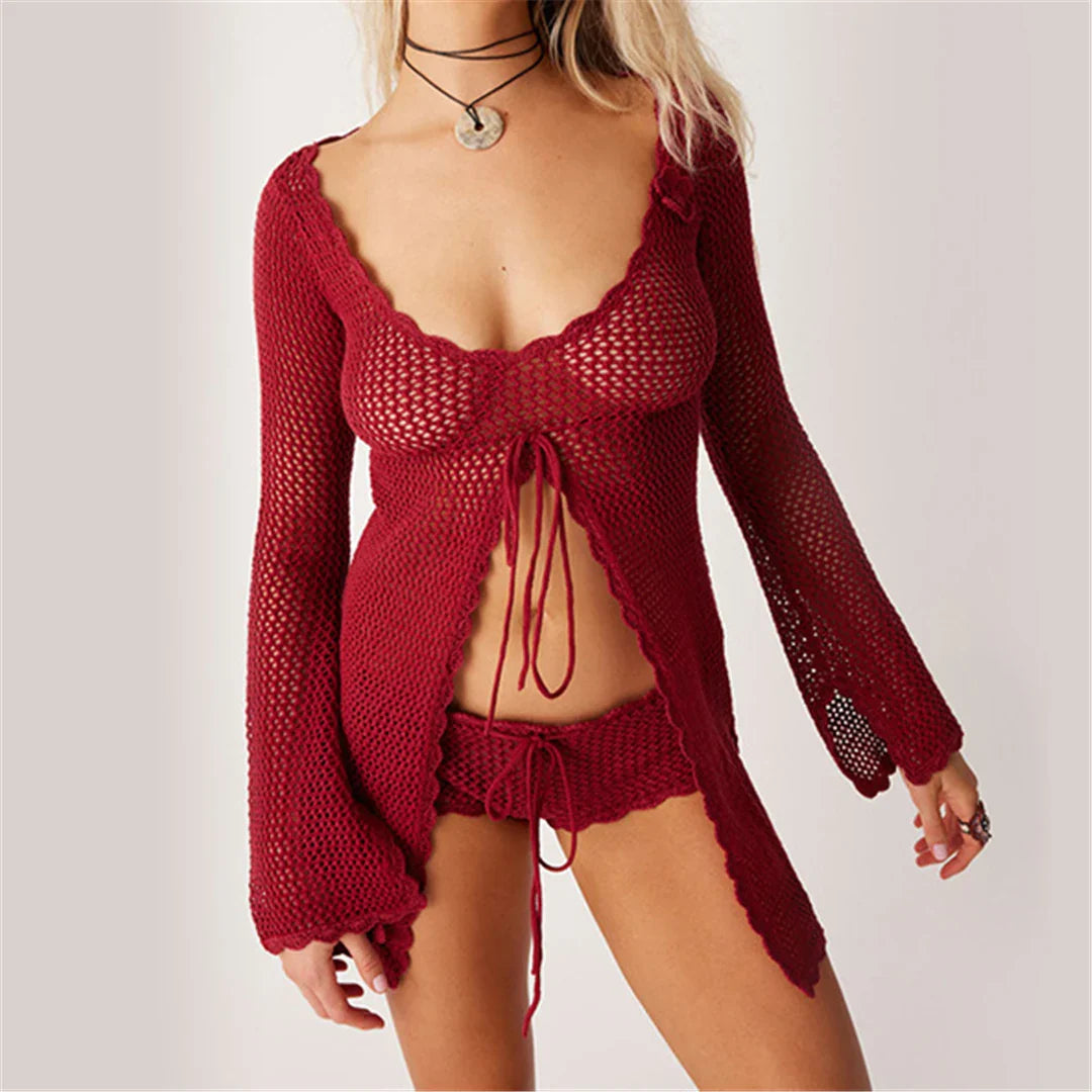 Long Sleeve Hollow Out Crochet Tunic Ruby Red