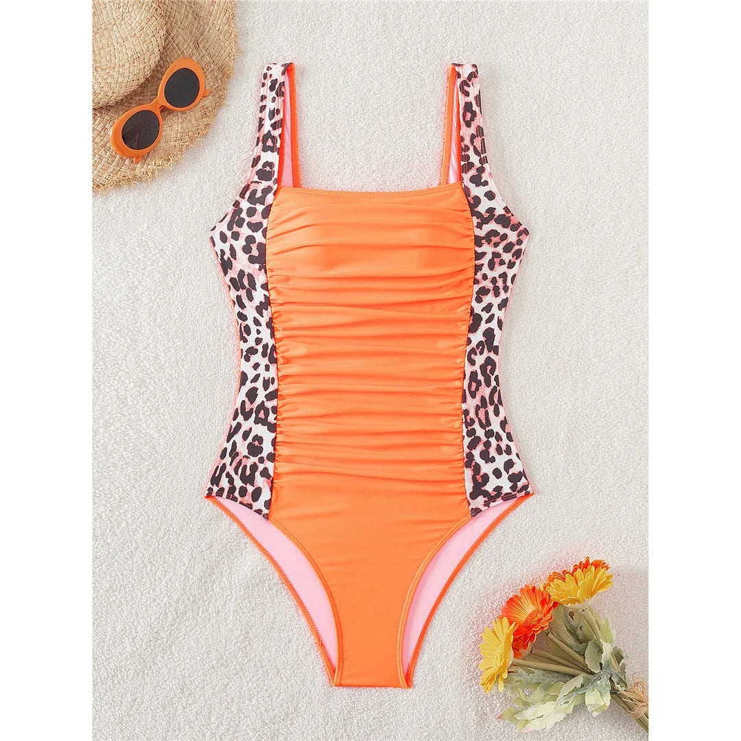 Leopard Splicing One Piece Swimsuit Orange