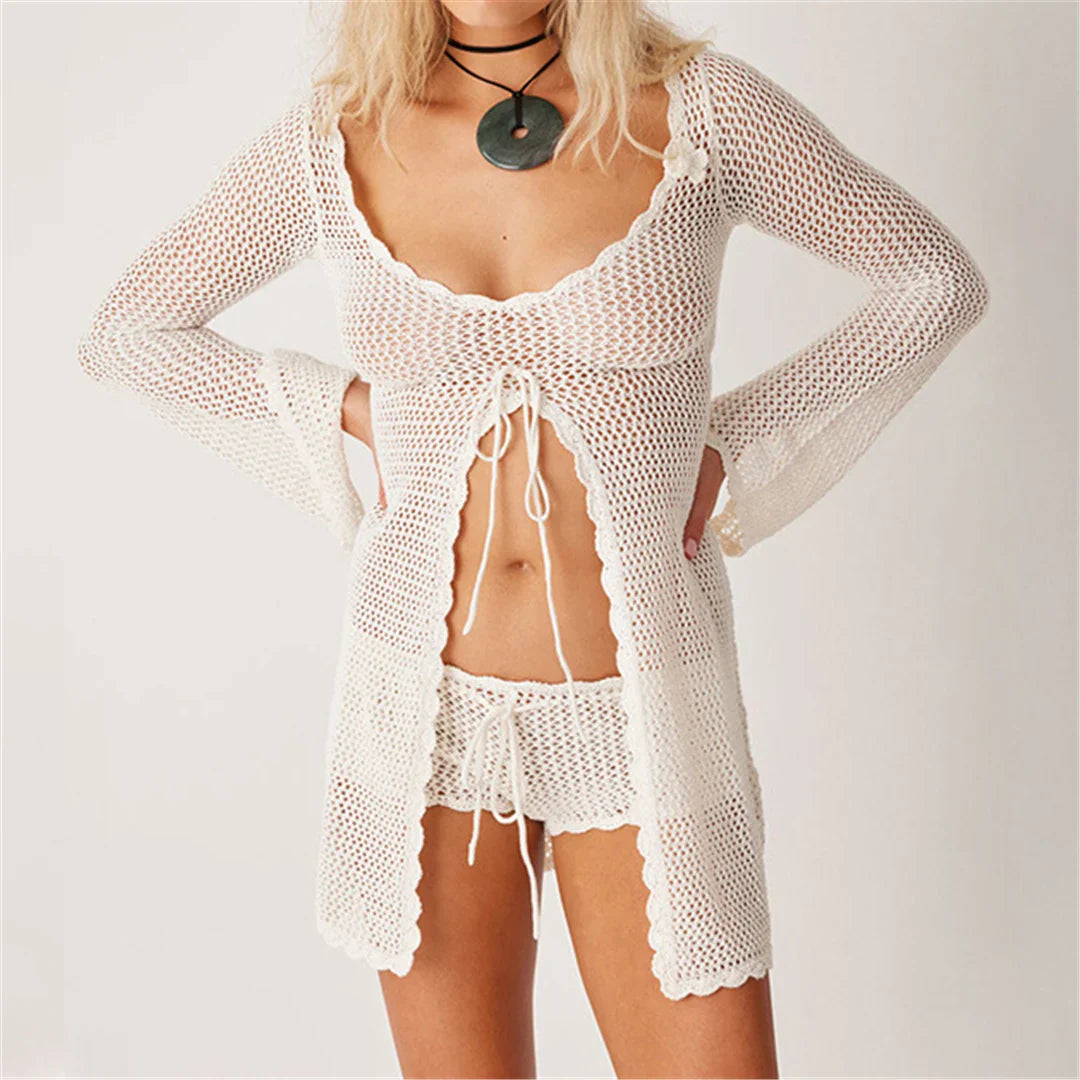 Long Sleeve Hollow Out Crochet Tunic