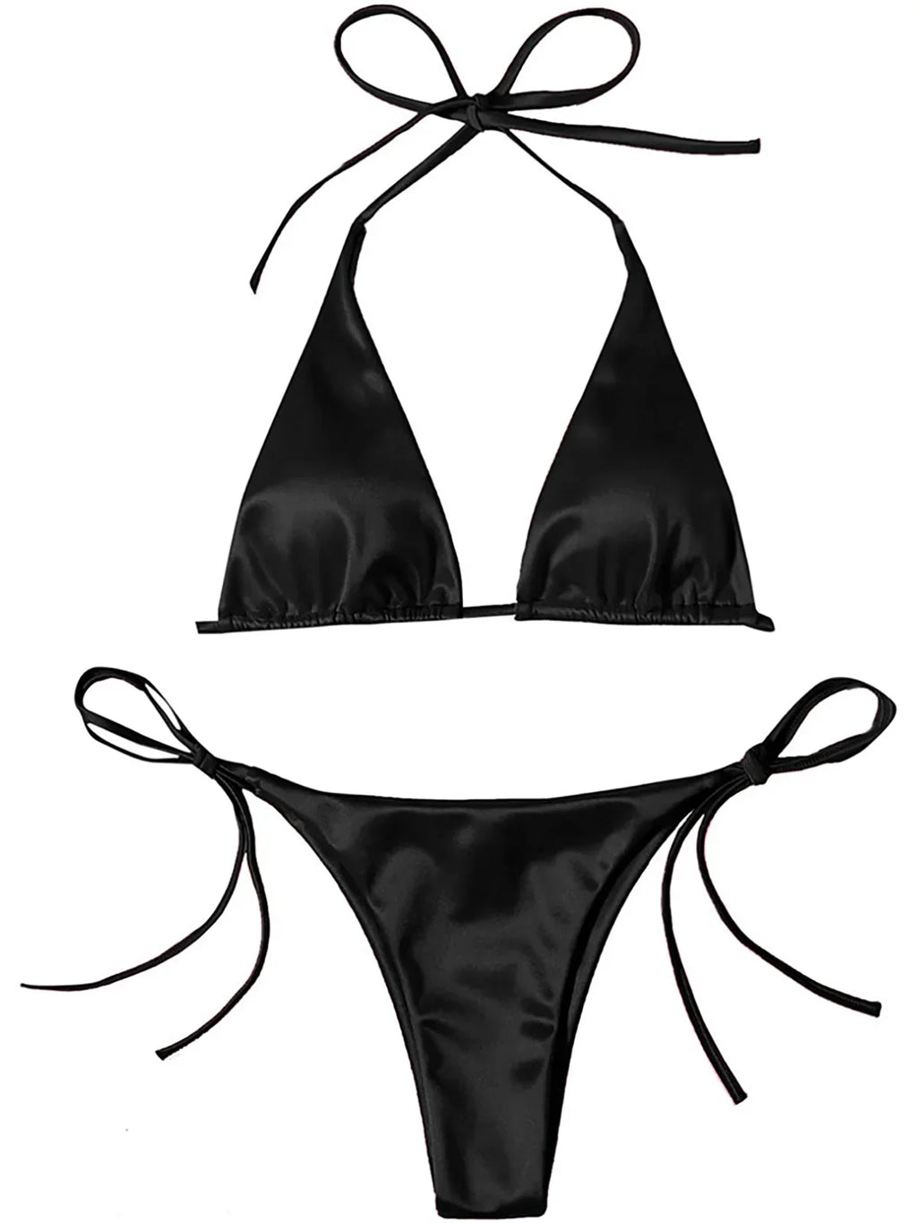 Satin Halter Brazilian Bikini Set Black