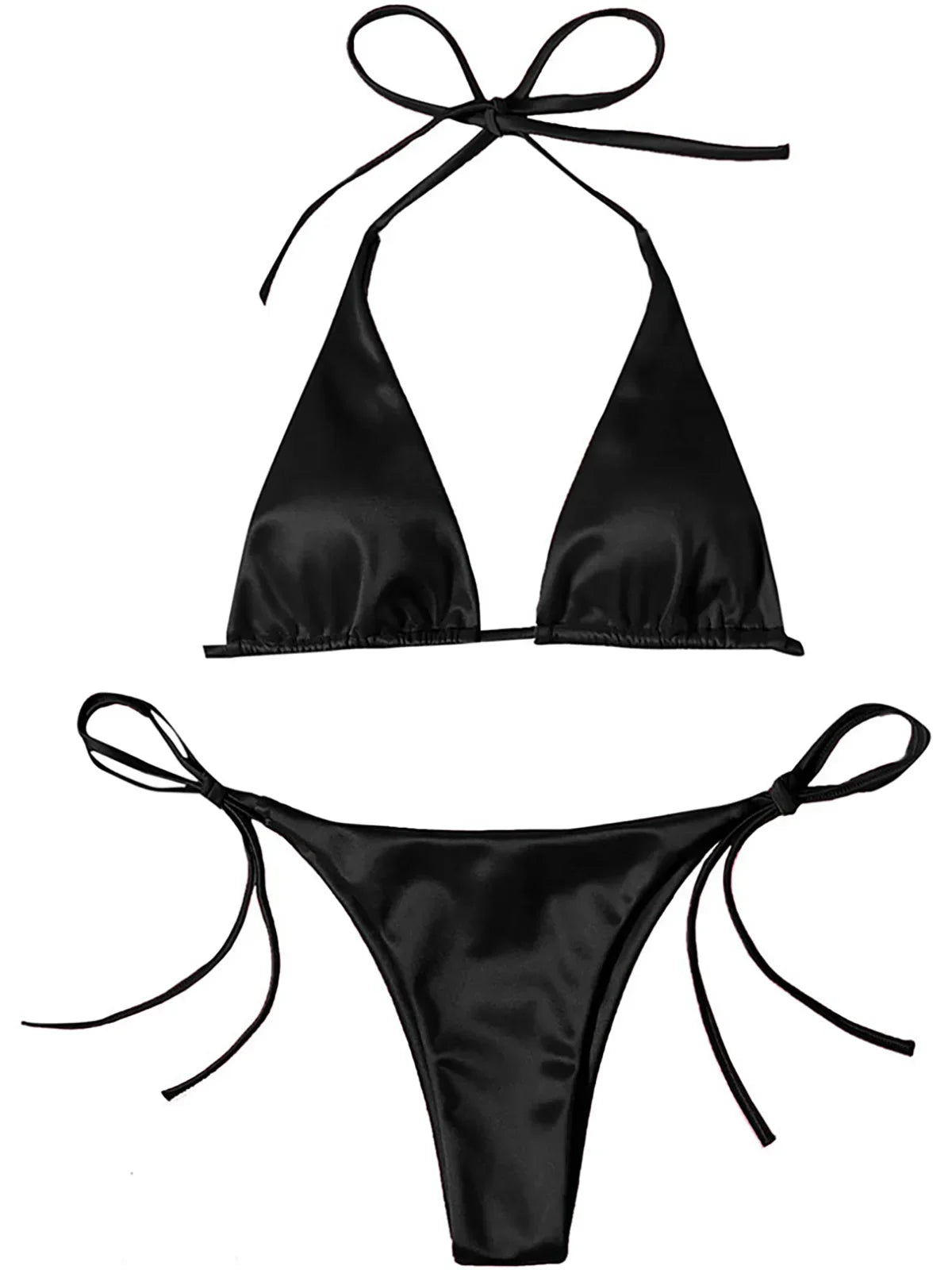 Satin Halter Brazilian Bikini Set Black