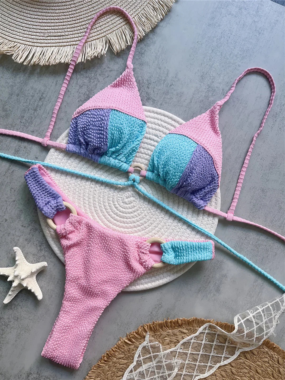 Crinkled Splicing Brazilian Bikini Set Pink Purple Blue