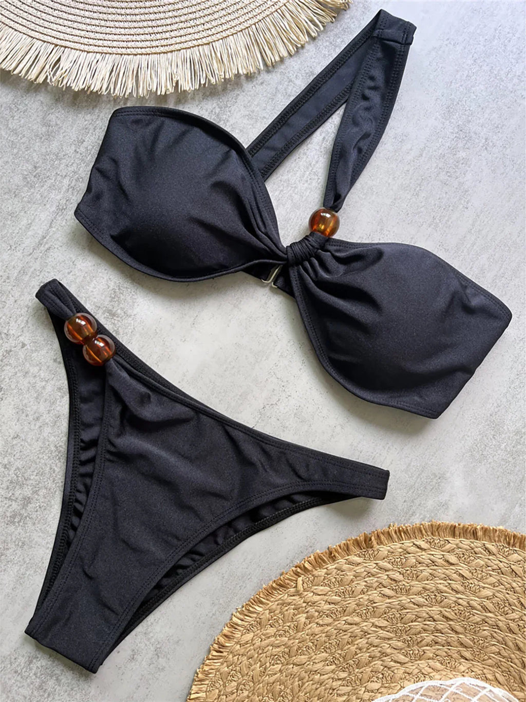 One Shoulder High Cut Bikini Set Black