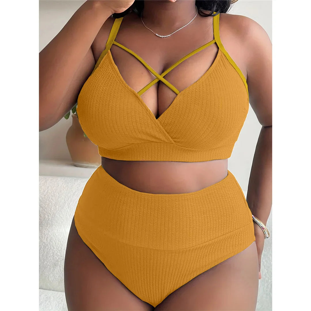 Ribbed Large Size Bikini Set Yellow