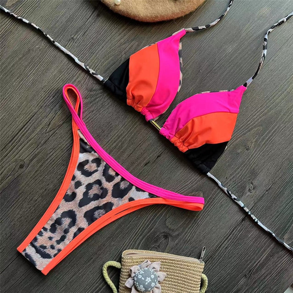 Brazilian Strappy Bikini Orange Pink Leopard