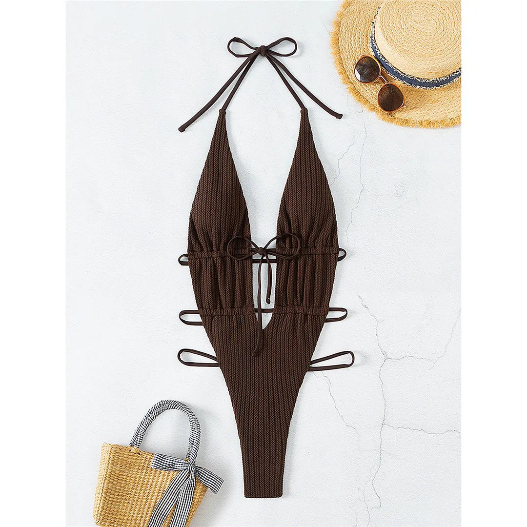 Wrap Around Deep V Neck Swimsuit Coffee