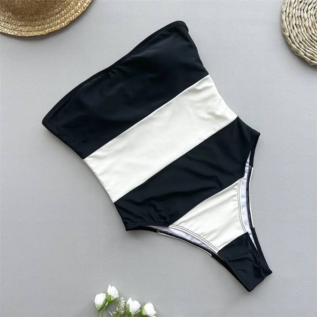 Black White Striped One Piece Swimsuit Striped