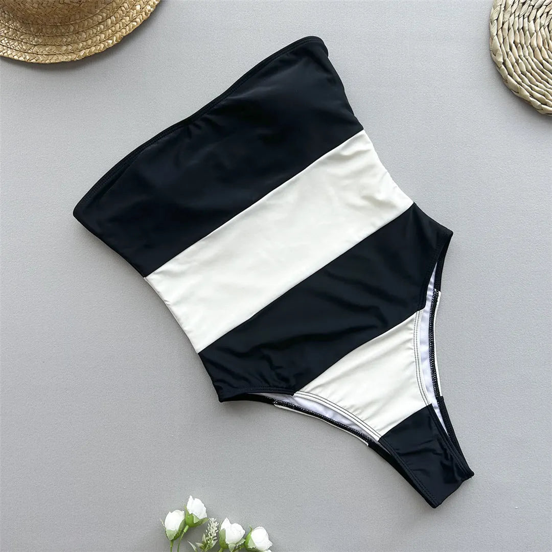 Black White Striped One Piece Swimsuit Striped
