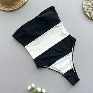 Black White Striped One Piece Swimsuit Striped