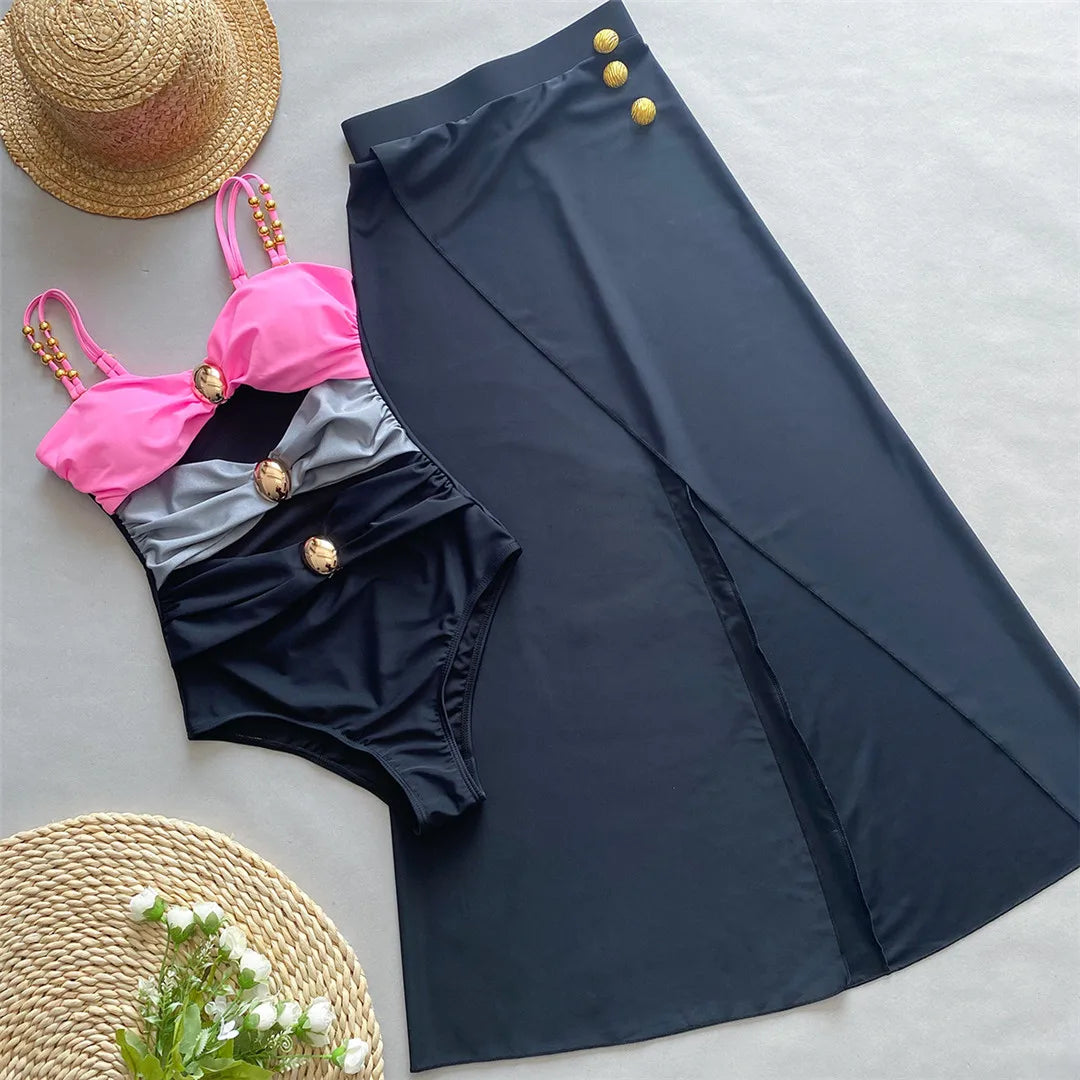 Splicing Knotted Skirt Monokini Set Black