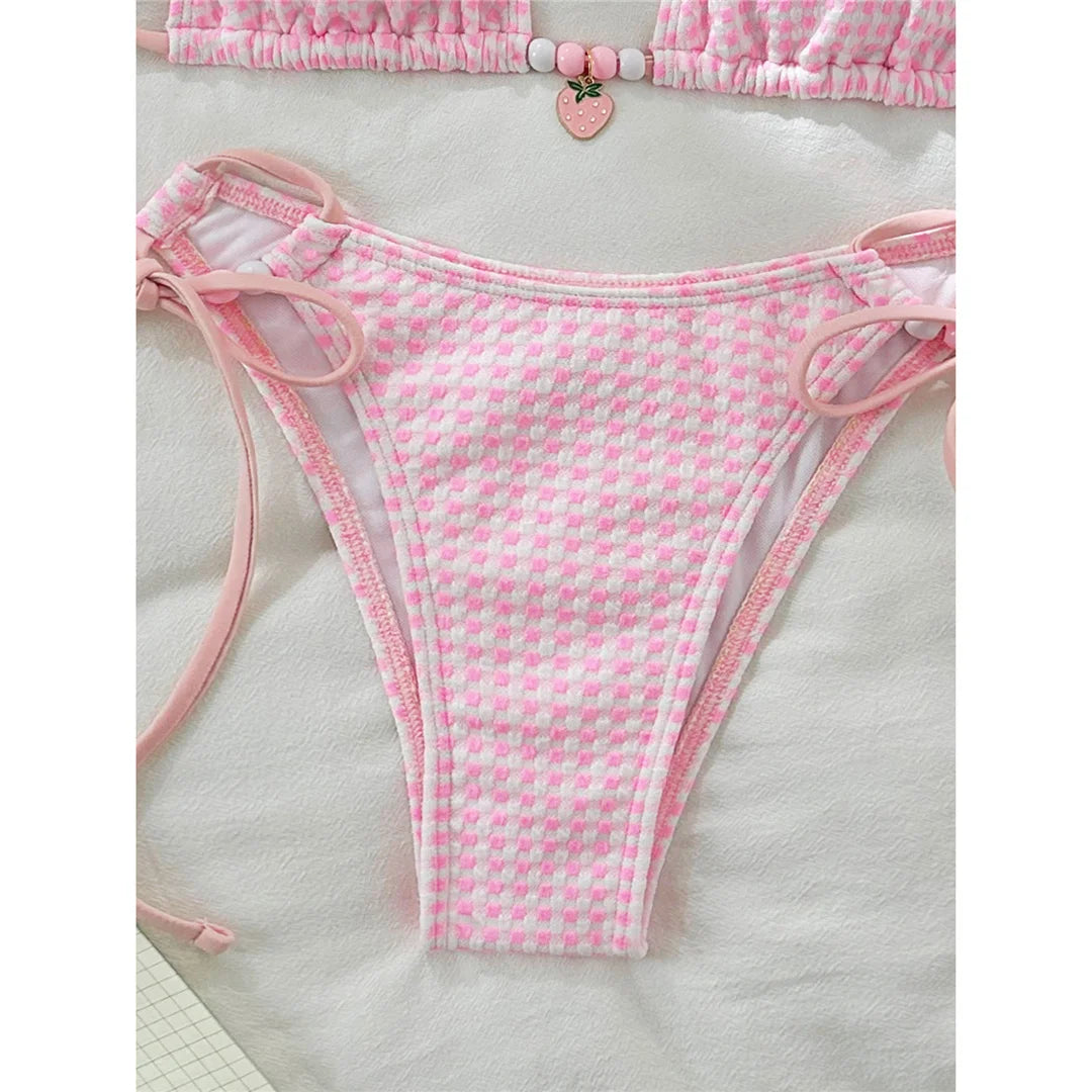 Plaid Halter High Leg Bikini Set