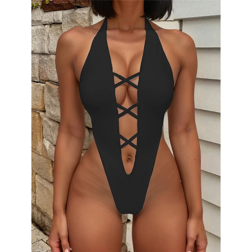 Deep V Neck Mini Thong Monokini Black