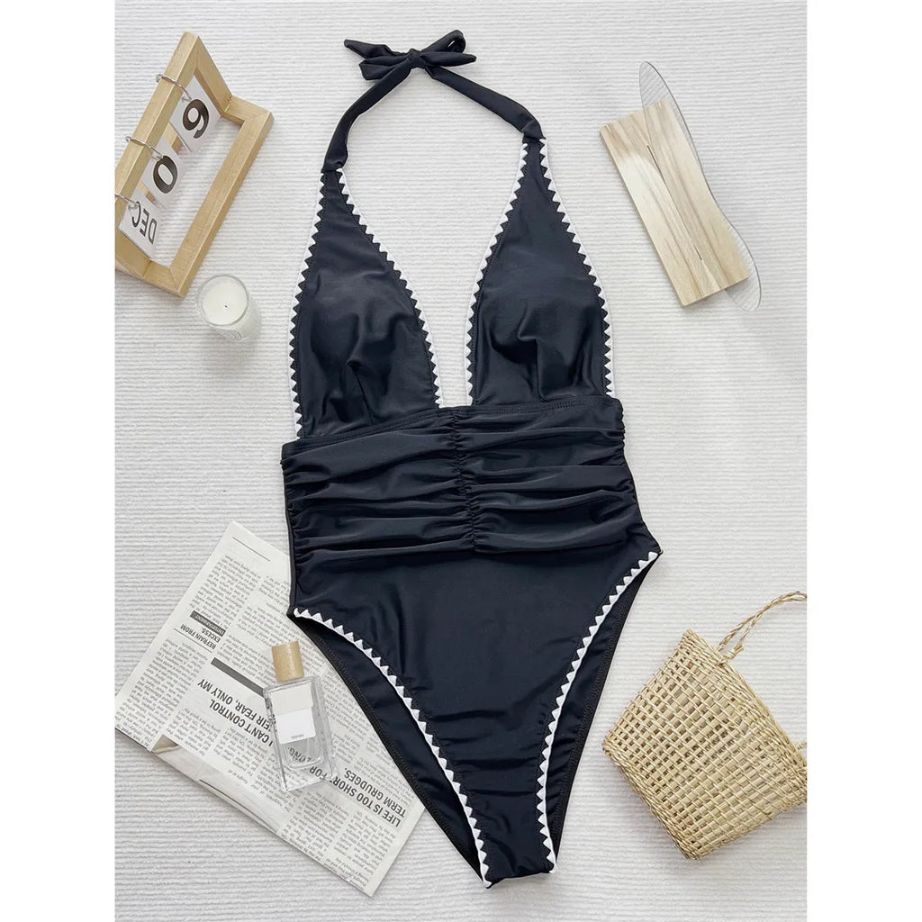 Halter Wrinkled Monokini Black