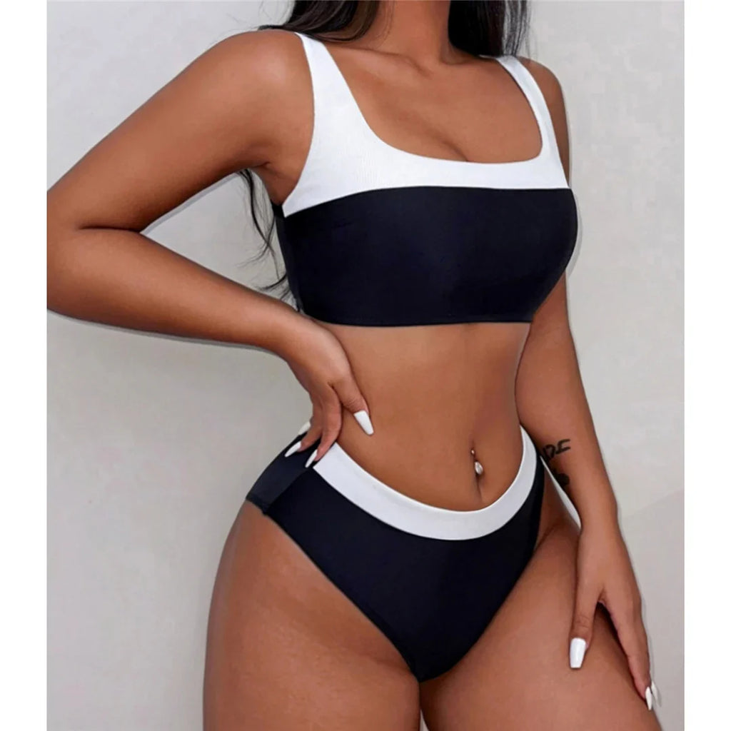 Splicing Mid Waist Bikini Set