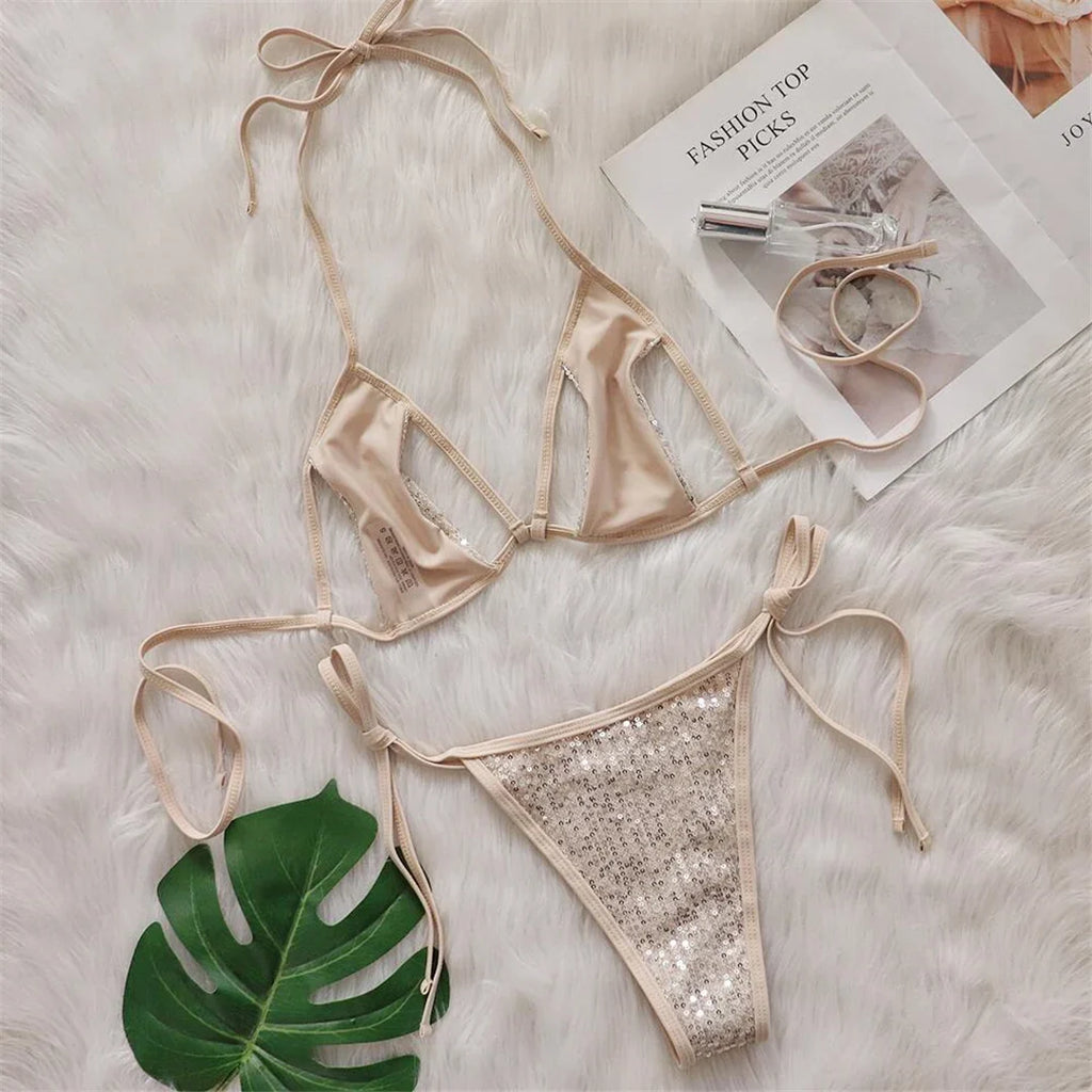 Sequins Halter Strappy Bikini Set