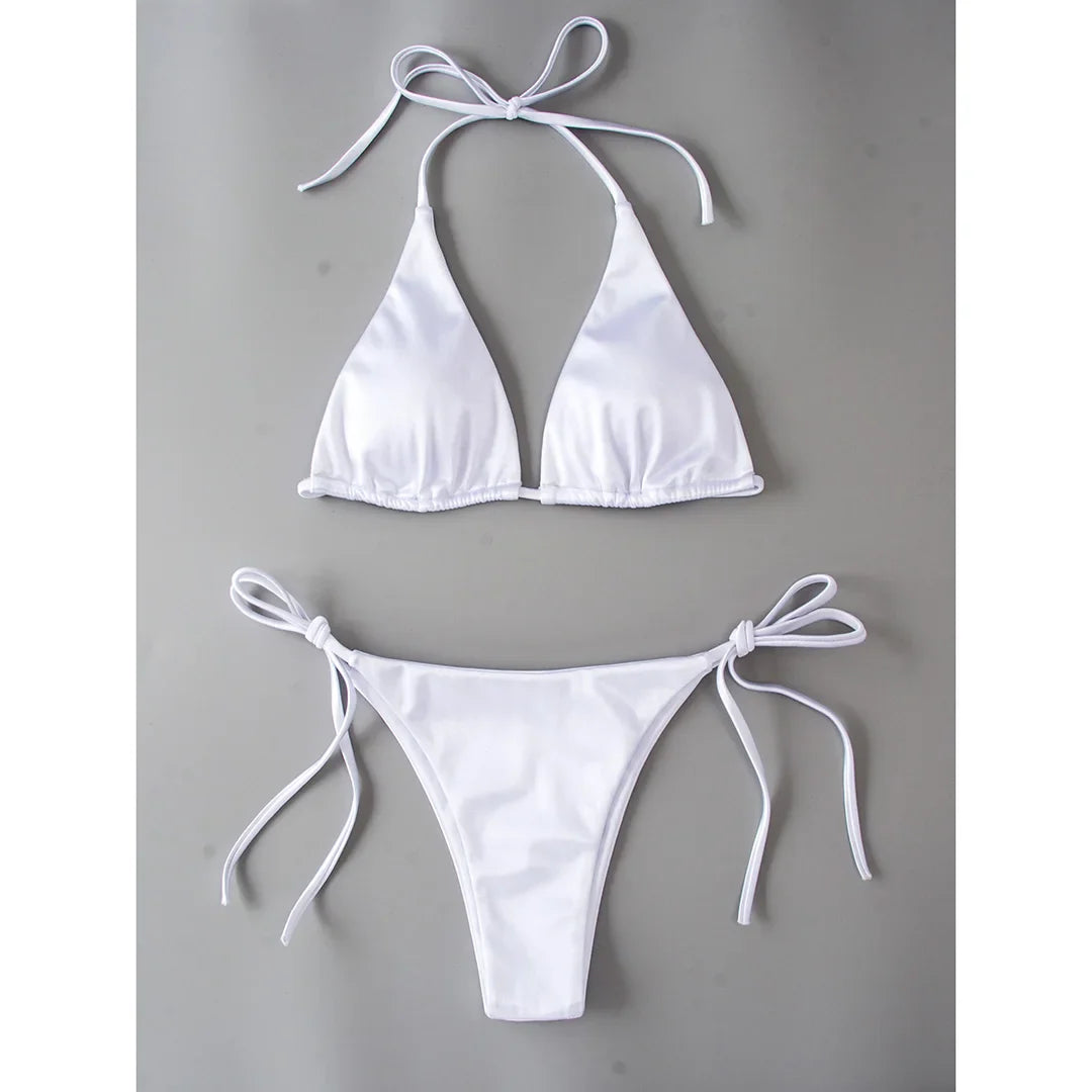 Satin Halter Brazilian Bikini Set White