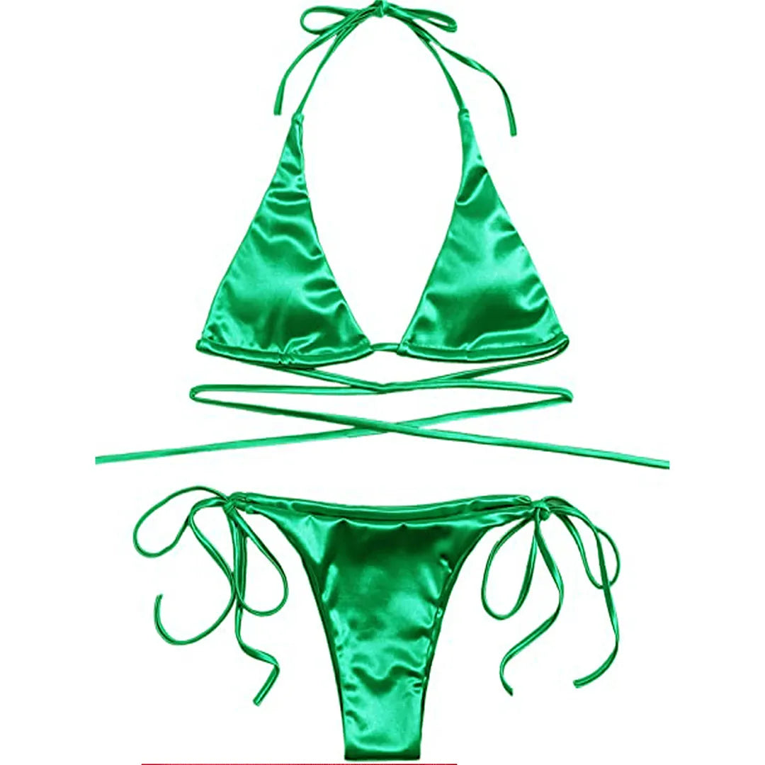 Satin Halter Brazilian Bikini Set Light Green