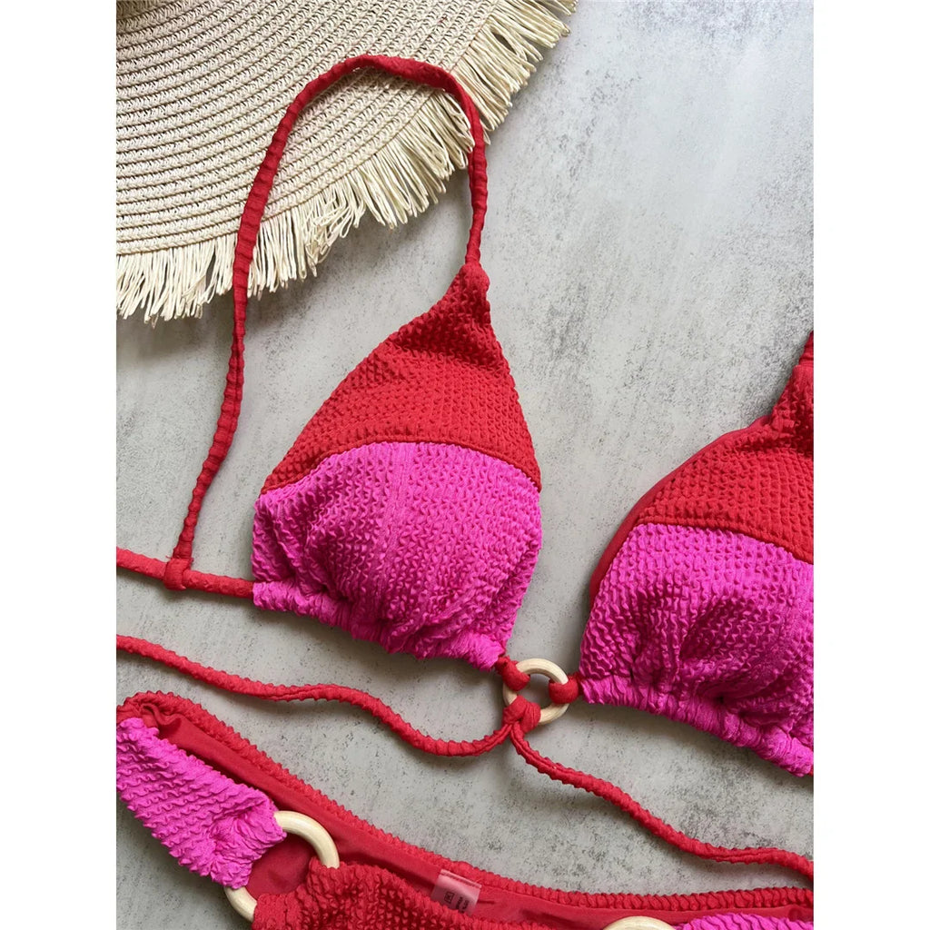 Crinkled Splicing Brazilian Bikini Set