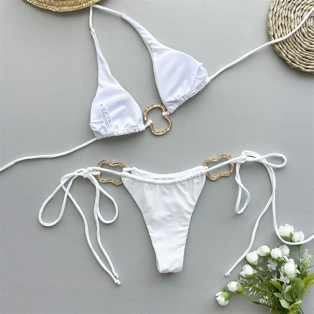 Metal Rings Halter Strappy Bikini