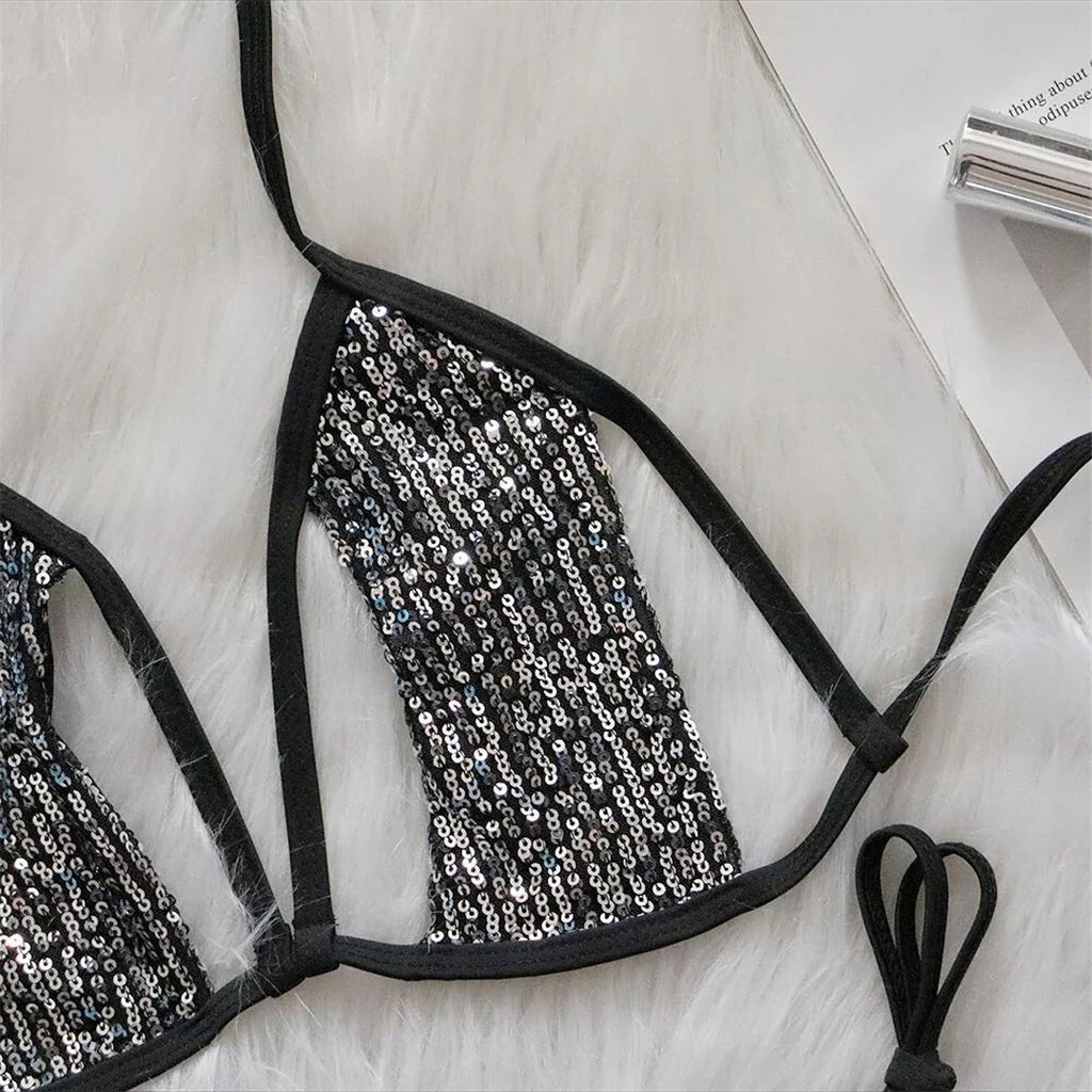 Sequins Halter Strappy Bikini Set