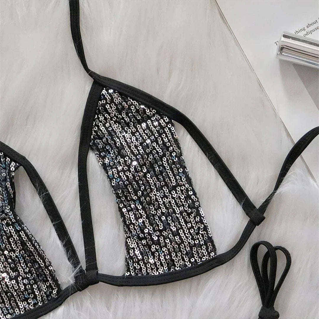 Sequins Halter Strappy Bikini Set