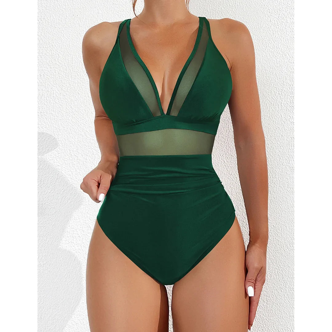 Mesh Leopard Print Monokini V-Neck