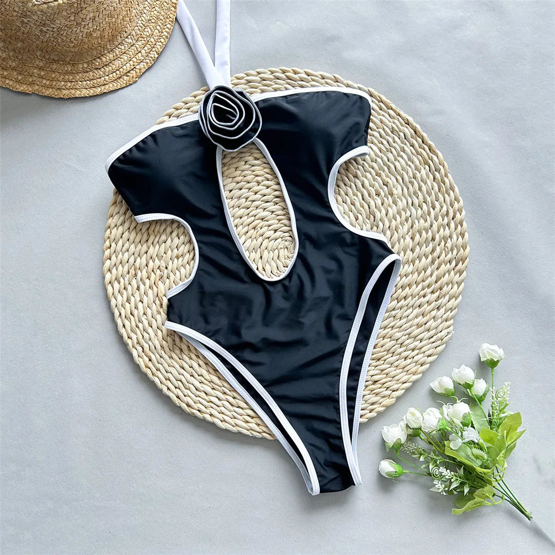 3D Flower Halter One Piece Swimsuit
