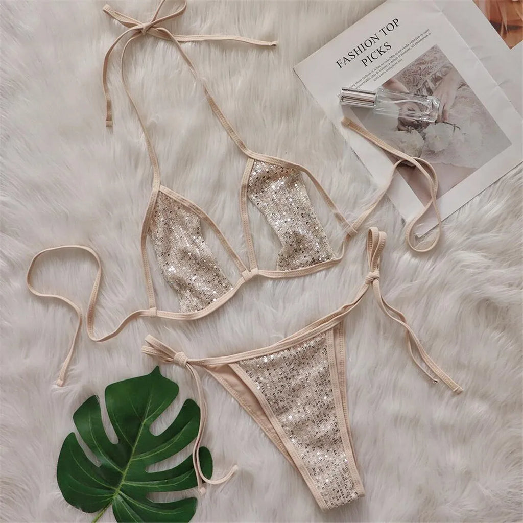 Sequins Halter Strappy Bikini Set