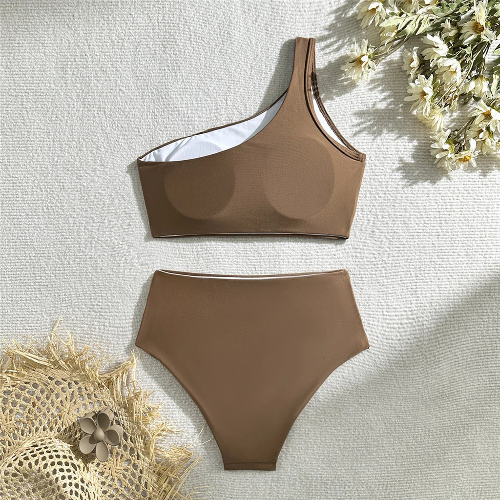Wrinkled One Shoulder High Waist Bikini
