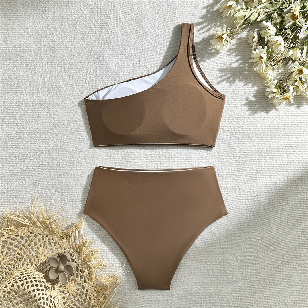 Wrinkled One Shoulder High Waist Bikini