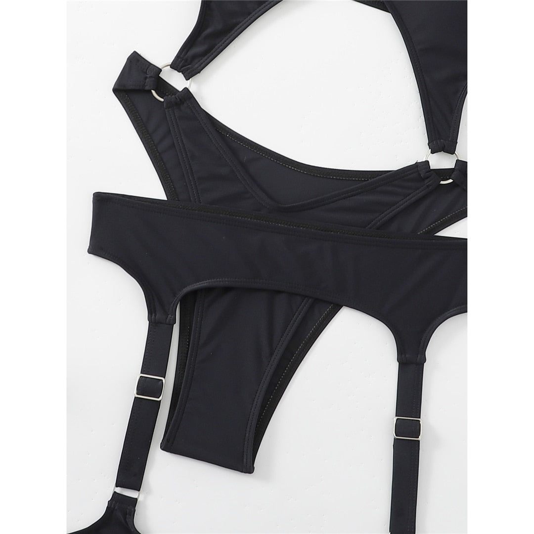 Tummy Cut Out One Piece Swimsuit With Garter