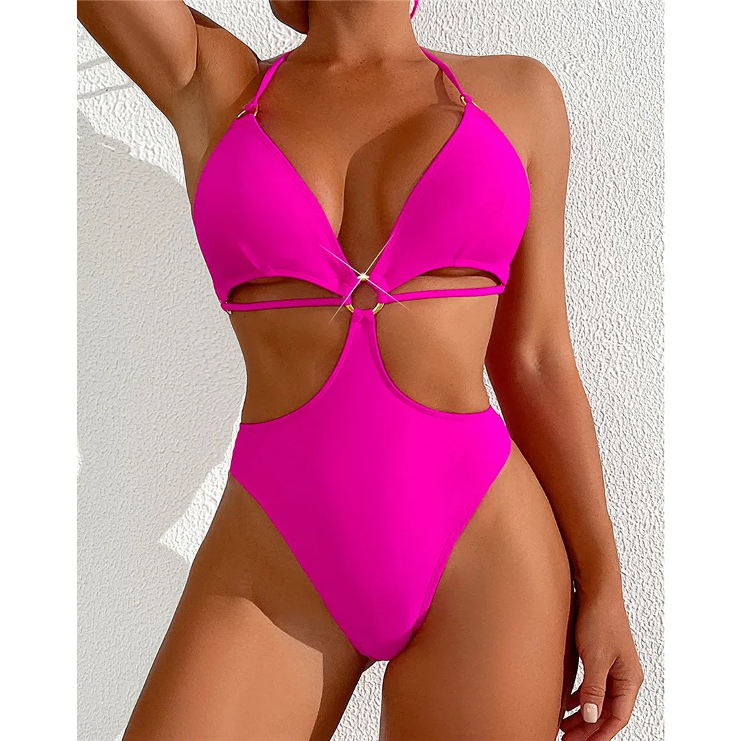 Cut Out Backless Monokini Hot Pink