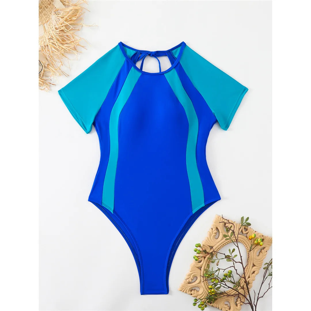 Short Sleeve Backless Swimsuit Royal Blue