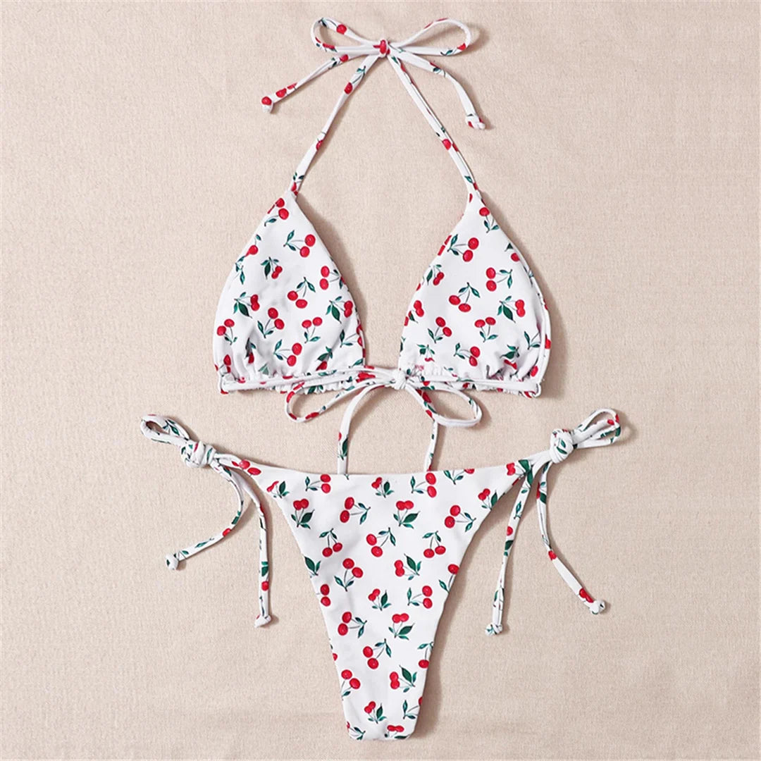 Cherry Printed Halter Strappy Bikini