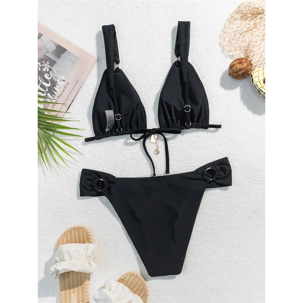 Metal Ring High Leg Bikini Set