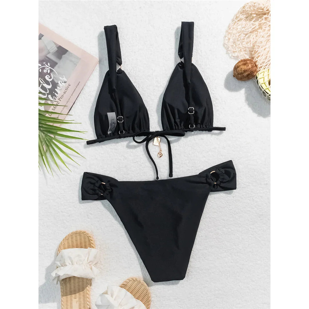 Metal Ring High Leg Bikini Set