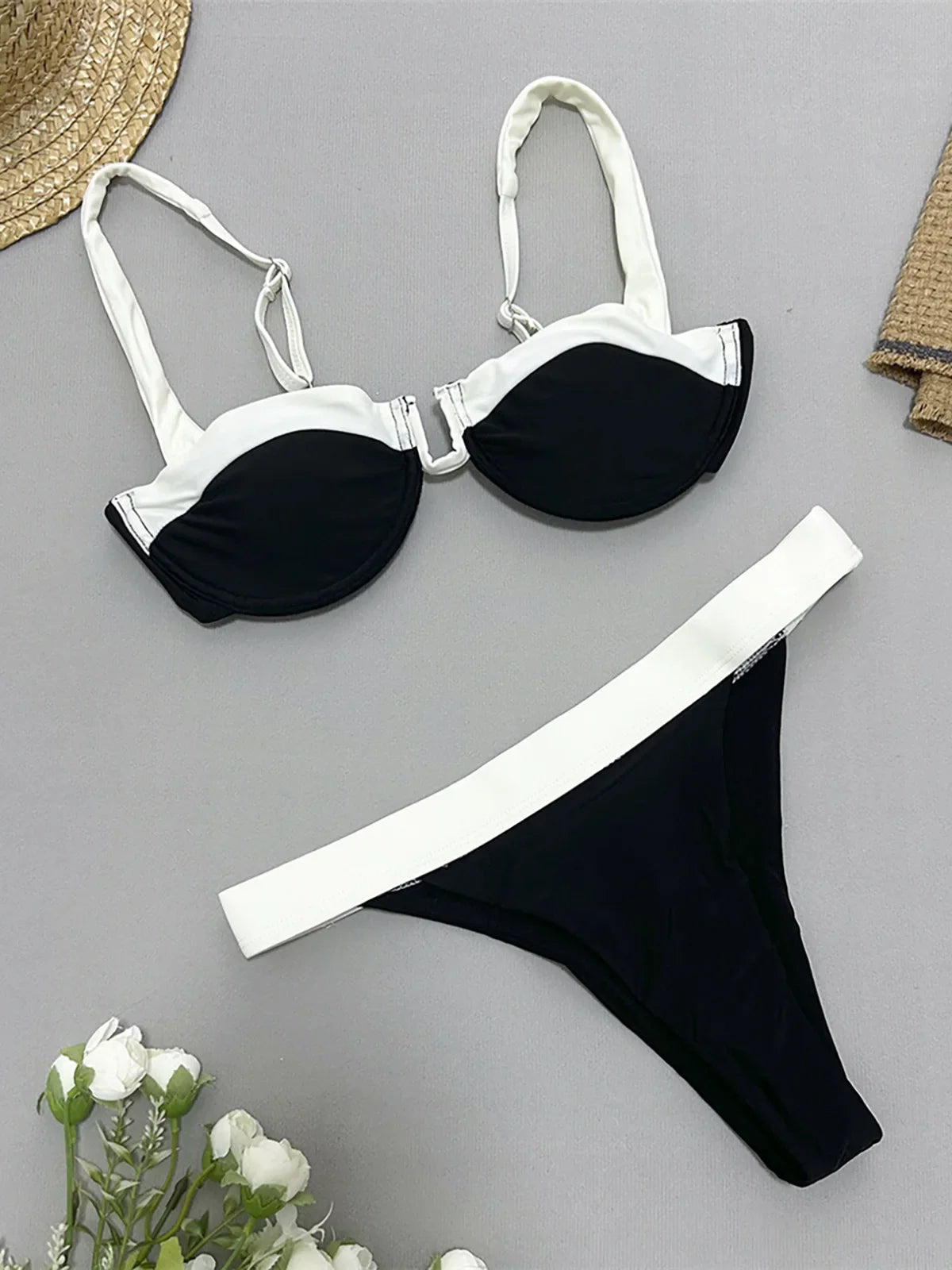 Splicing U Neck Underwired Bikini Set Black