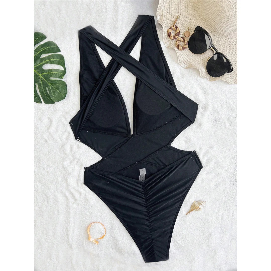 Deep V Neck Cross Back Swimsuit