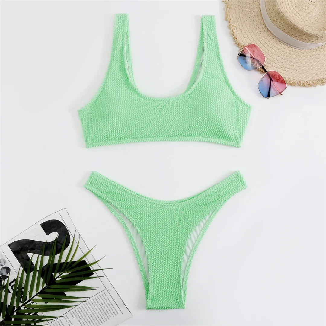 High Cut Wrinkled Bikini Set Lake Green