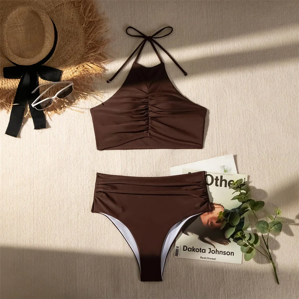 Wrinkled High Neck Halter Bikini Set