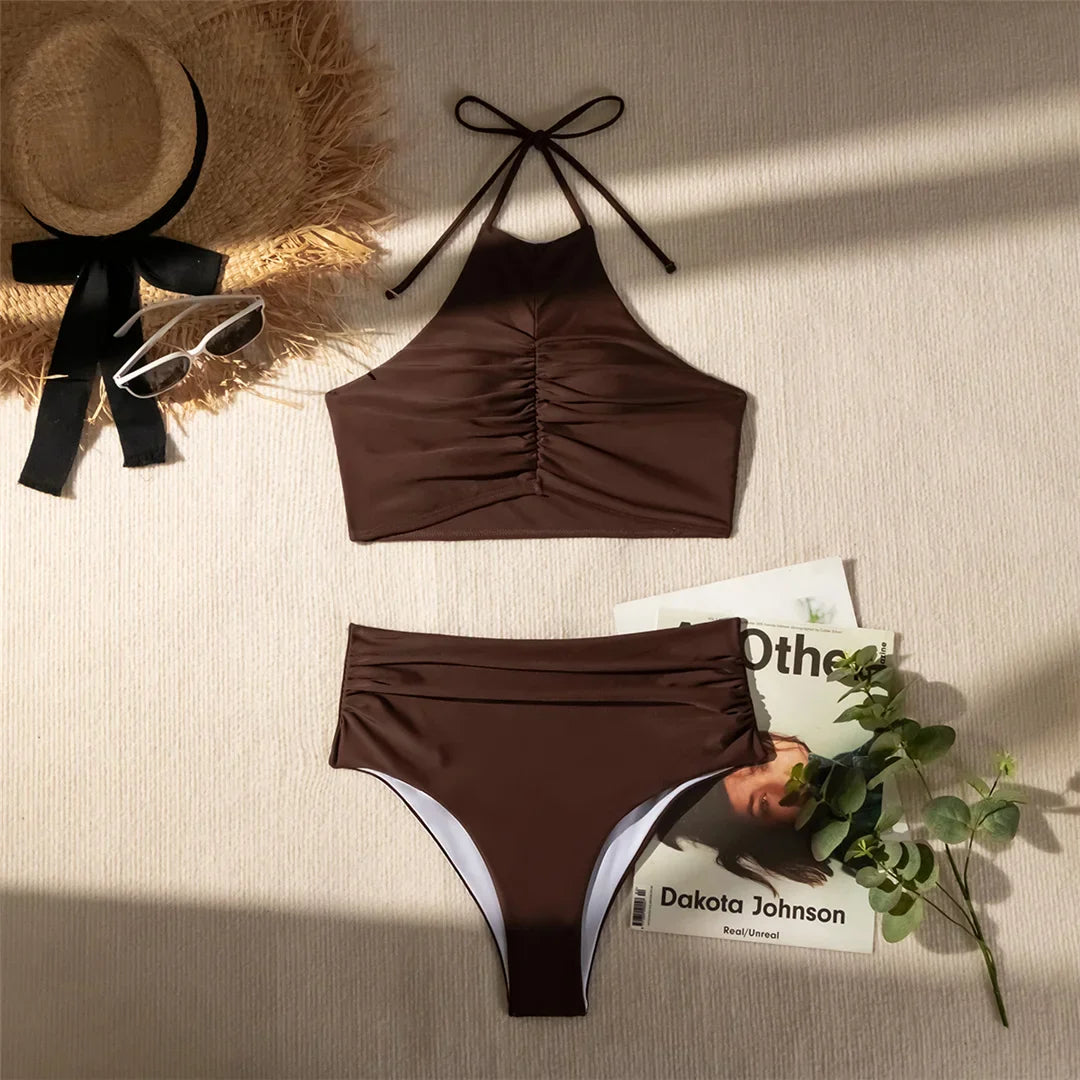 Wrinkled High Neck Halter Bikini Set