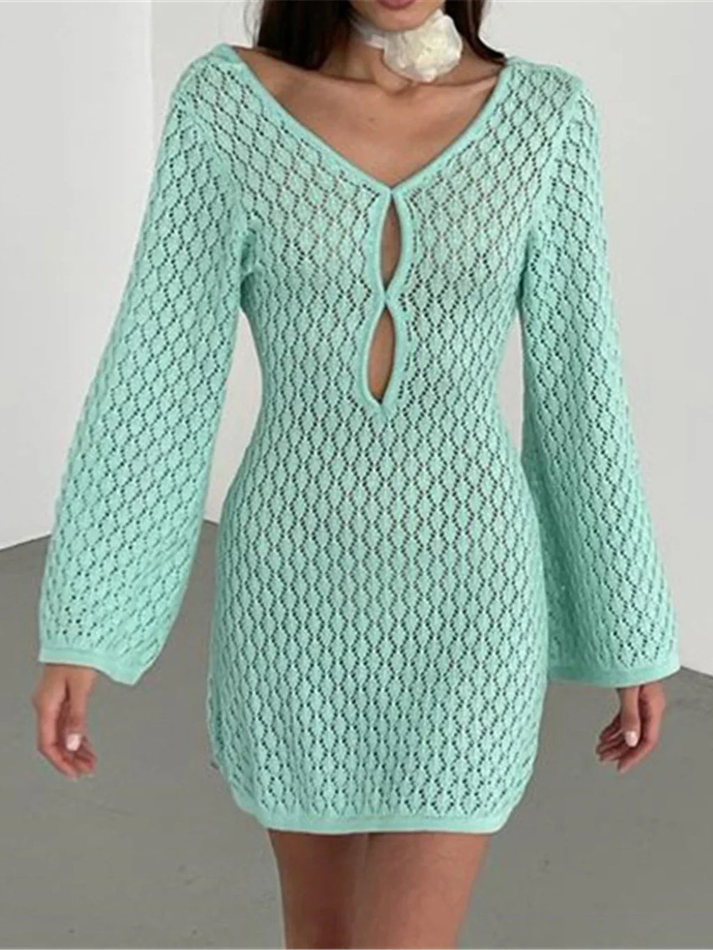 Cut Out Backless Crochet Beach Tunic Mint Green