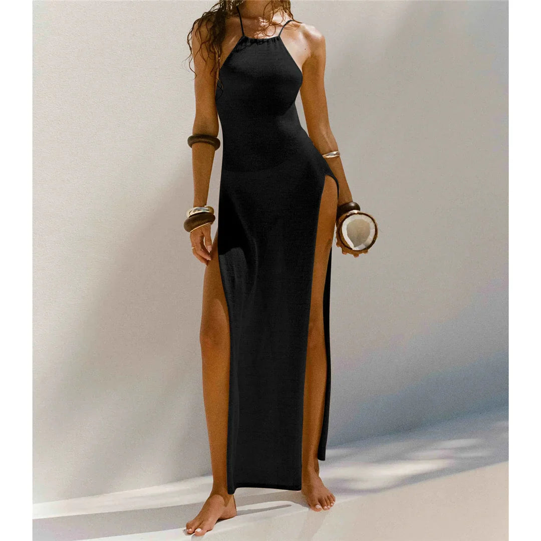 High Slit Crochet Beach Tunic Black