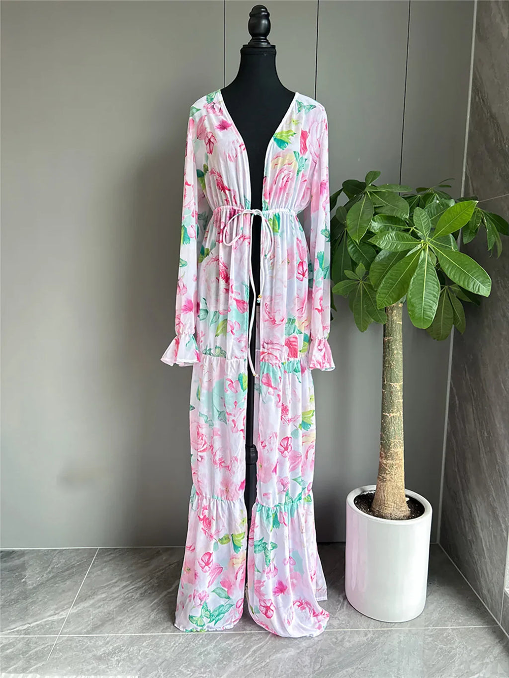 Floral Long Sleeve Tunic Cover Up Printing